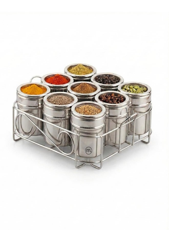 Mishaa Steel Multipurpose Storage Containers - Perfect Organizer for Masala Spices, Herbs, Mouth Freshner, Dry Fruits, 130ml Each Airtight Containers with See-Through Lid (9IN1 SQUARE WIRESTAND) - Image 1